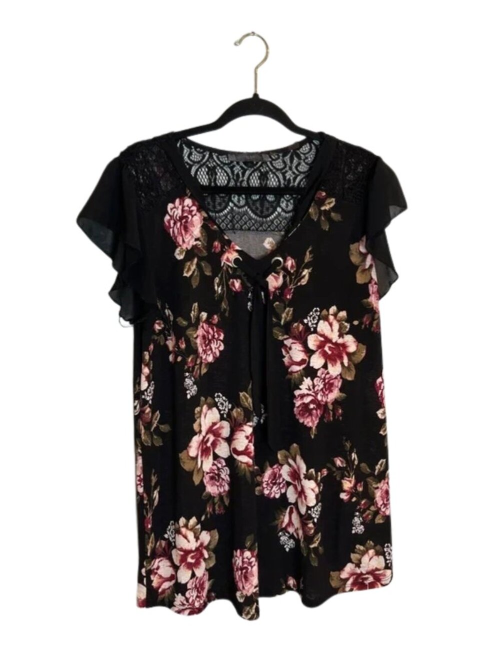Tutta Bella Maternity Women's Floral Print Lace Cap Sleeve Top Black Size L